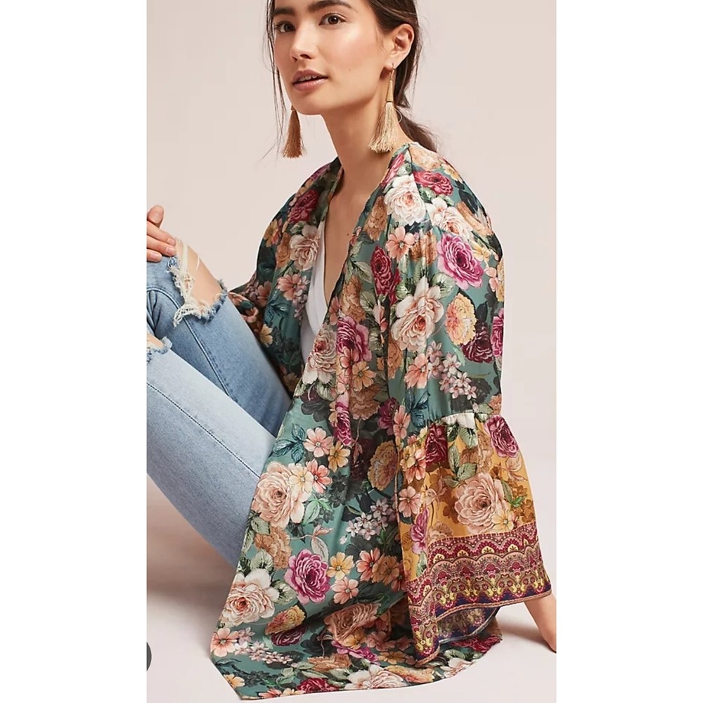 Kachel x Anthropologie Rachelle Kimono Vtg Floral Boho One Size Silk Blend Fairy